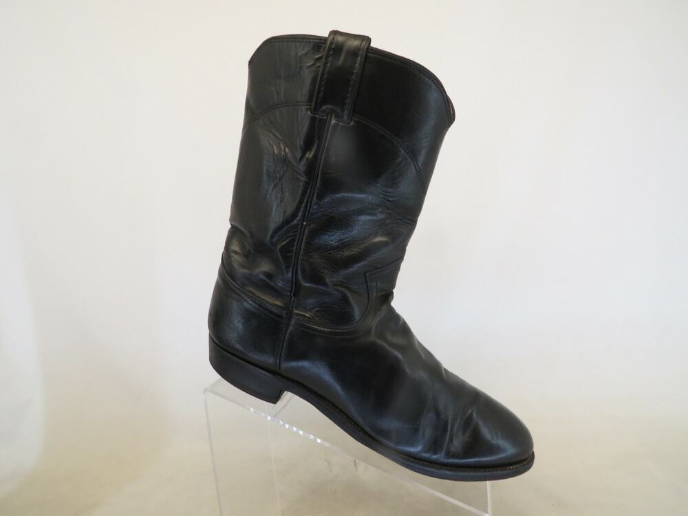 JUSTIN Mens Size 9 C (Narrow Width) Black Leather Roper Cowboy Western Boots